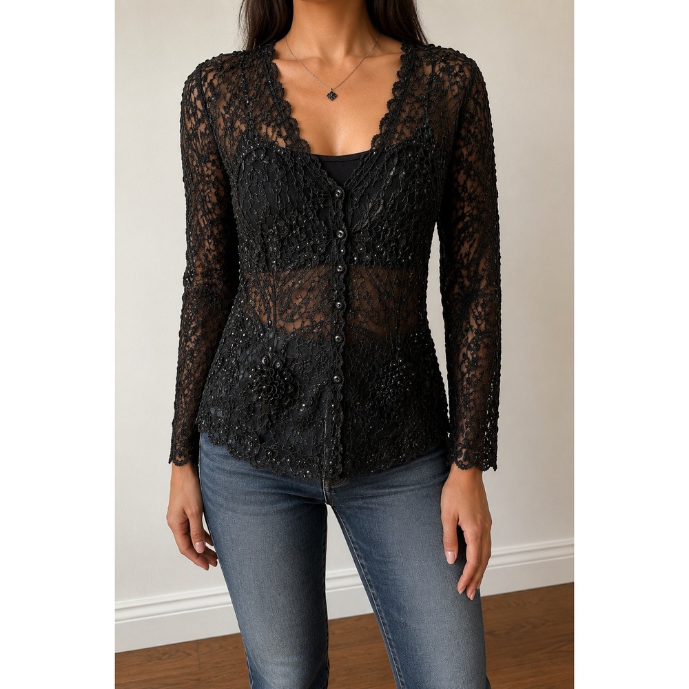 Whimsigoth Sheer Beaded Lace Mesh Cardigan Jacket Medium Fairy Grunge Romantic